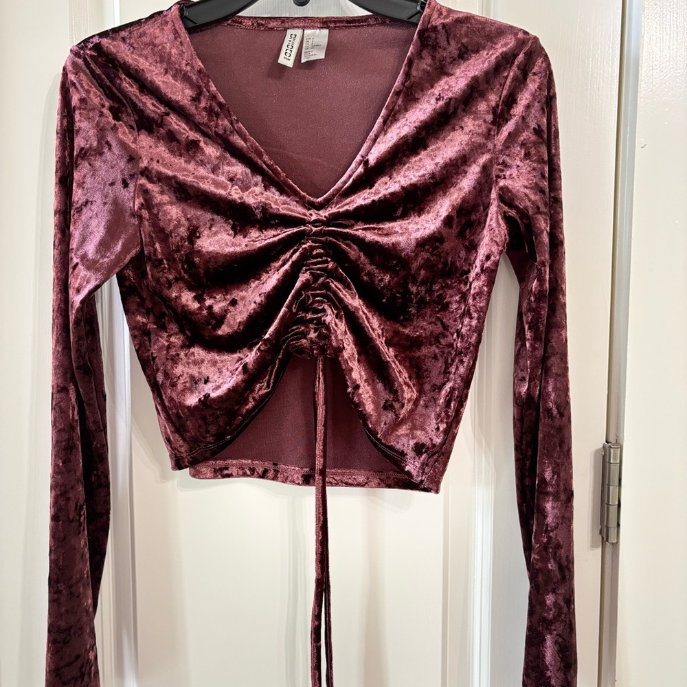 Divided H& M Velvet Ruched V-Neck Blouse in Burgundy